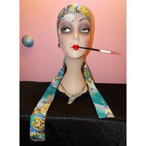 Vintage Blue & Purple Asian Themed Long Narrow Head Scarf pinup retro rockabilly